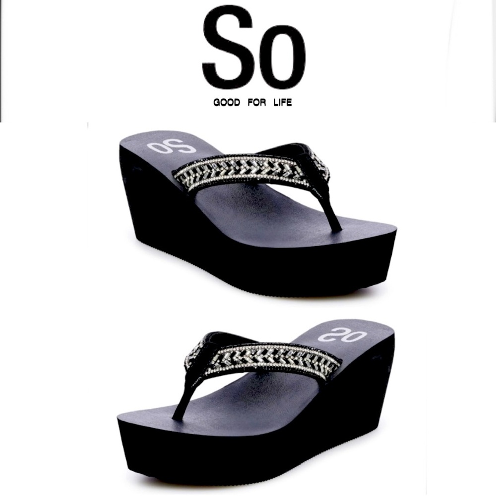 SO Bubbly Wedge Black w/rhinestone padded thong Sandals Size S (5/6)  NWOT